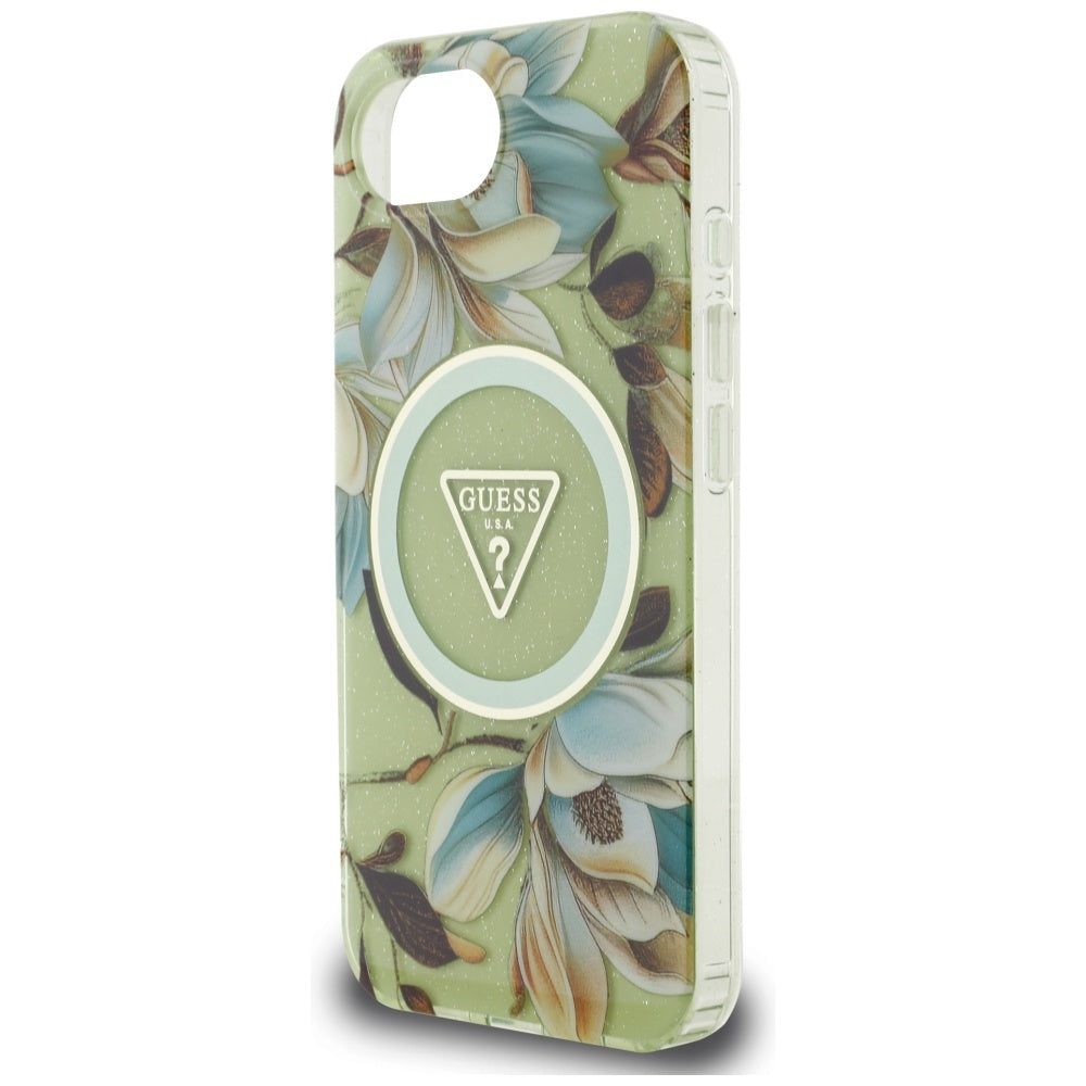 MagSafe Hülle für Apple iPhone 17e / 16e, Guess, IML Metal Glitter Flowers Triangle, Grün