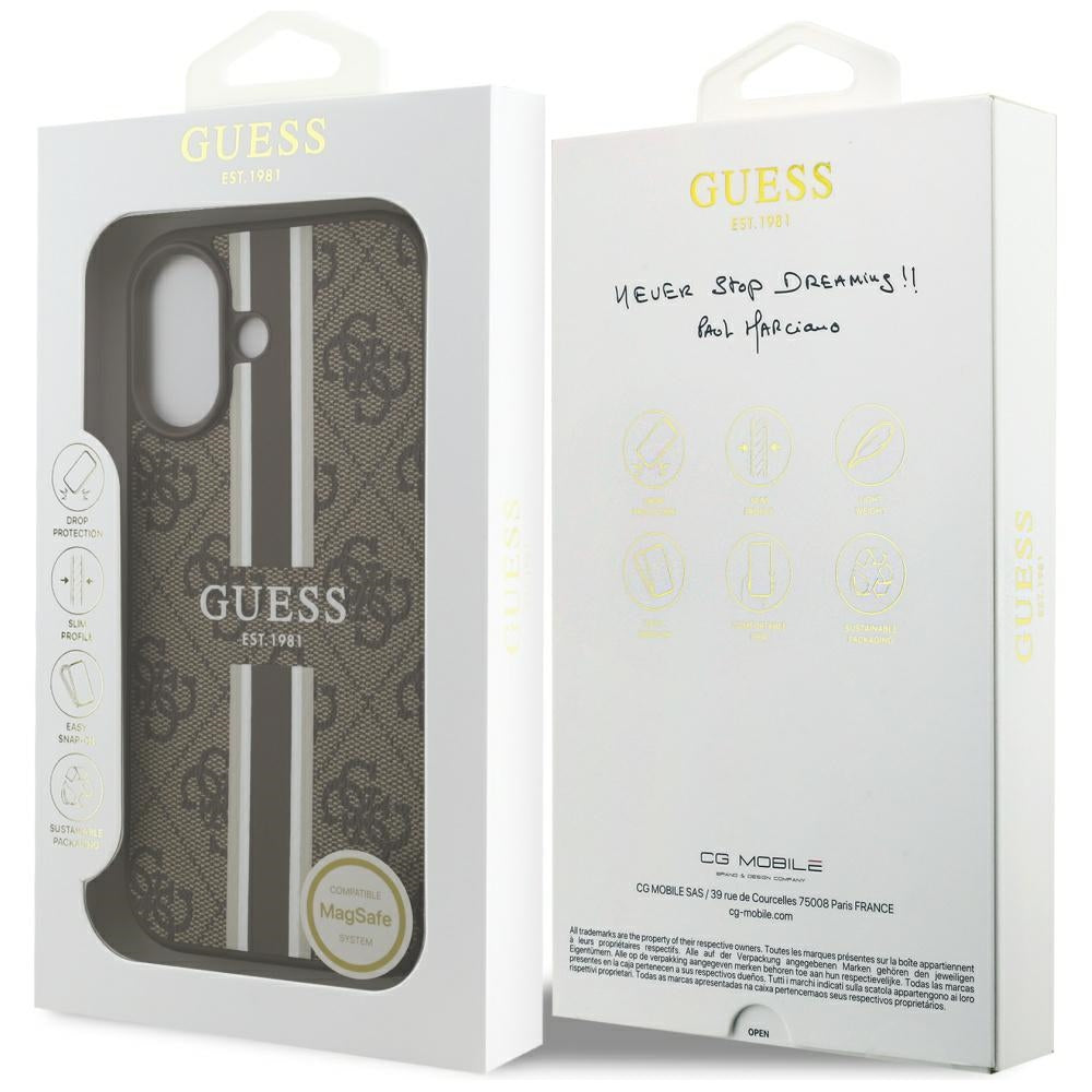 MagSafe Hülle für Apple iPhone 17, Guess, 4G Printed Stripes, Braun