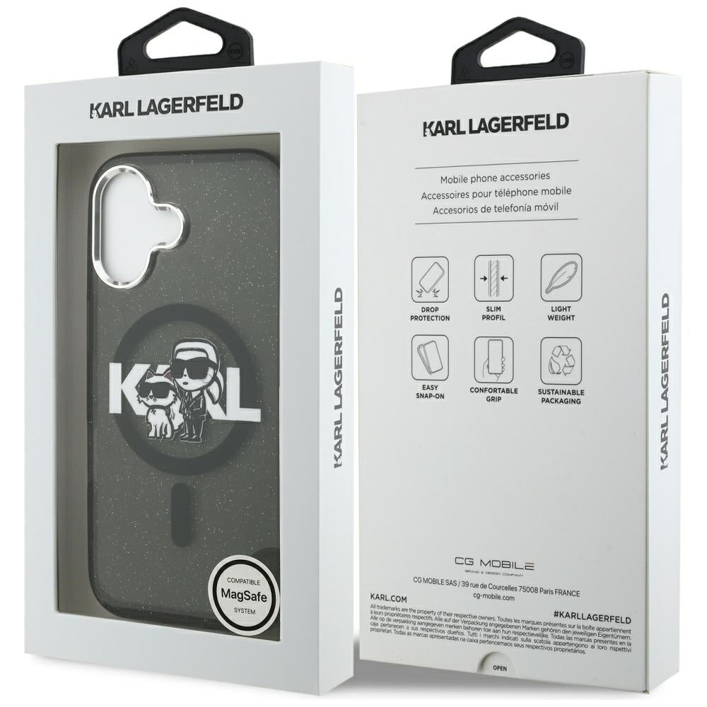 MagSafe Hülle für Apple iPhone 17, Karl Lagerfeld, IML Sketch Logo Glitter Karl & Choupette, Schwarz