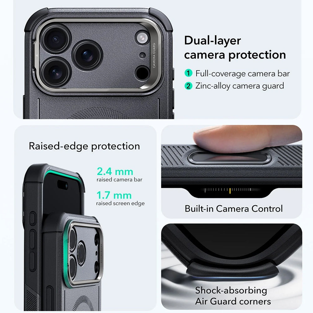 MagSafe Hülle für Apple iPhone 17 Pro, ESR, Cyber Armor Kickstand, Grau