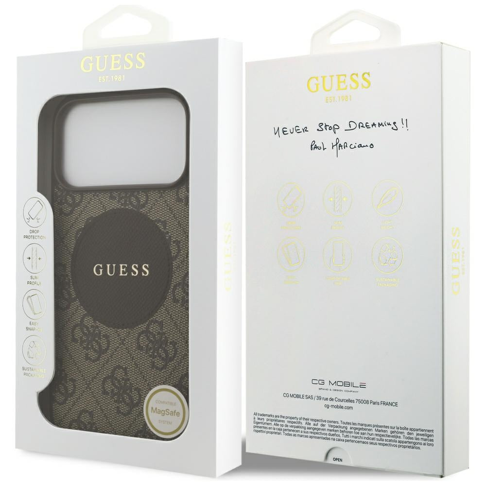 MagSafe Hülle für Apple iPhone 17 Pro, Guess, 4G Circle Classic Logo, Braun