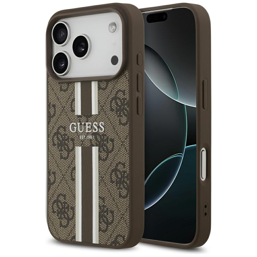 MagSafe Hülle für Apple iPhone 17 Pro, Guess, 4G Printed Stripes, Braun