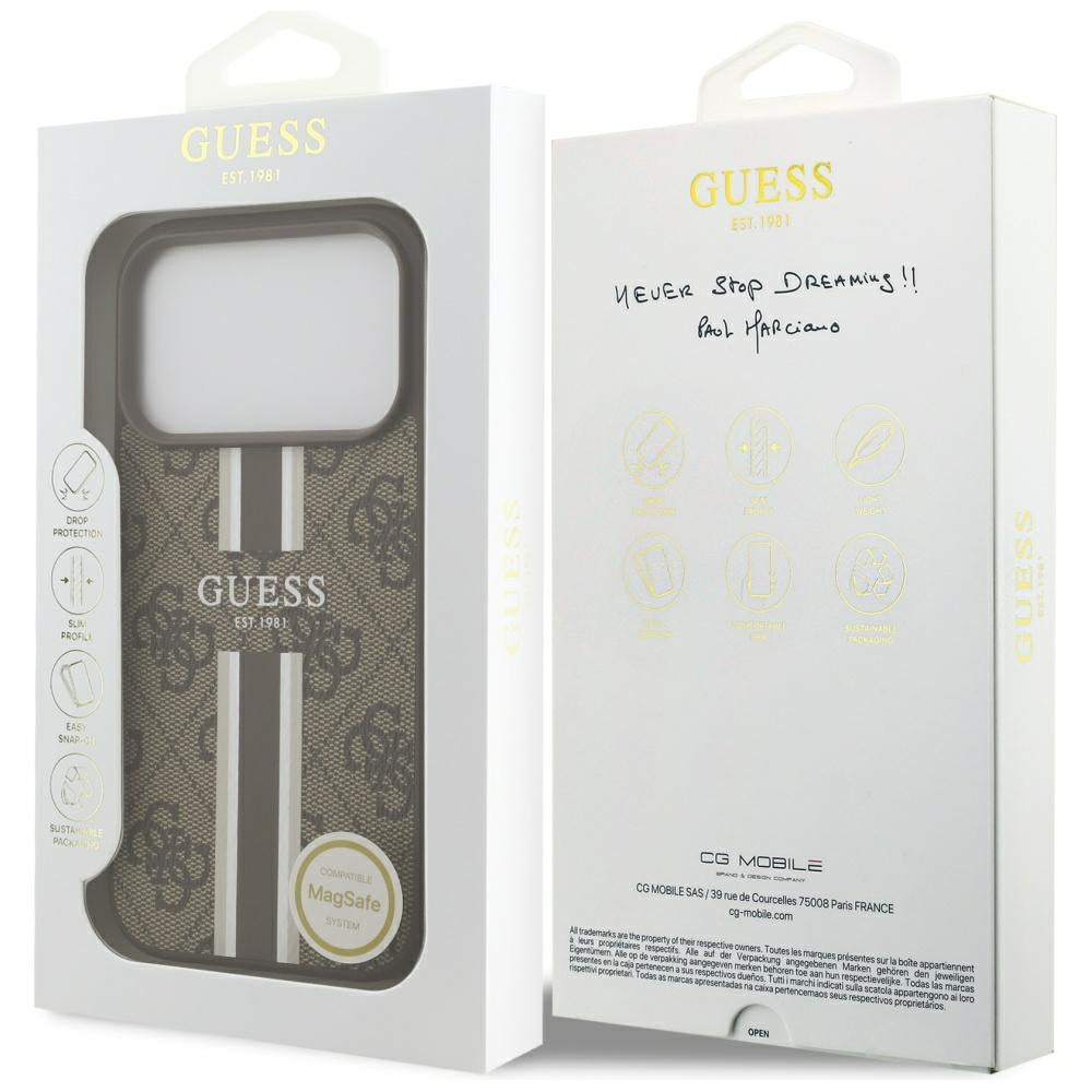 MagSafe Hülle für Apple iPhone 17 Pro, Guess, 4G Printed Stripes, Braun