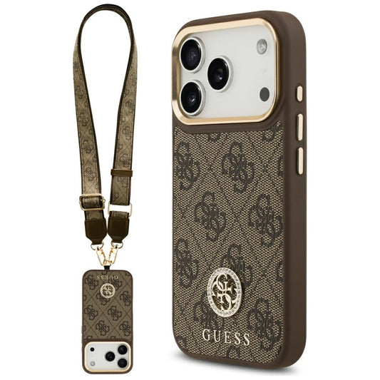 MagSafe Hülle für Apple iPhone 17 Pro, Guess, 4G Strass Logo mit großem Band, Braun