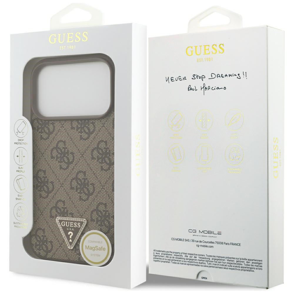 MagSafe Hülle für Apple iPhone 17 Pro, Guess, 4G Triangle Strass, Braun