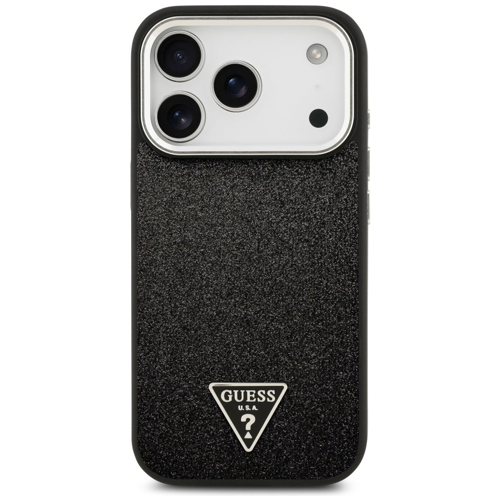 MagSafe Hülle für Apple iPhone 17 Pro, Guess, Glitter Triangle Logo, Schwarz