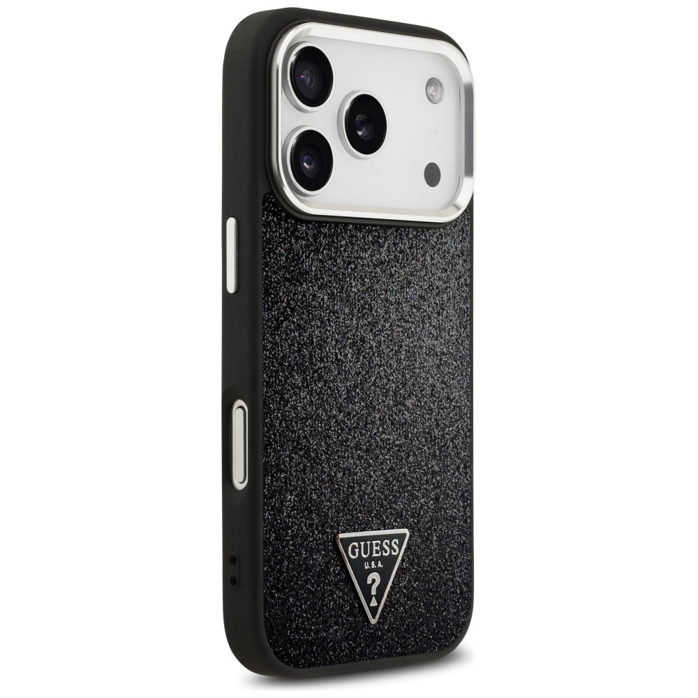 MagSafe Hülle für Apple iPhone 17 Pro, Guess, Glitter Triangle Logo, Schwarz