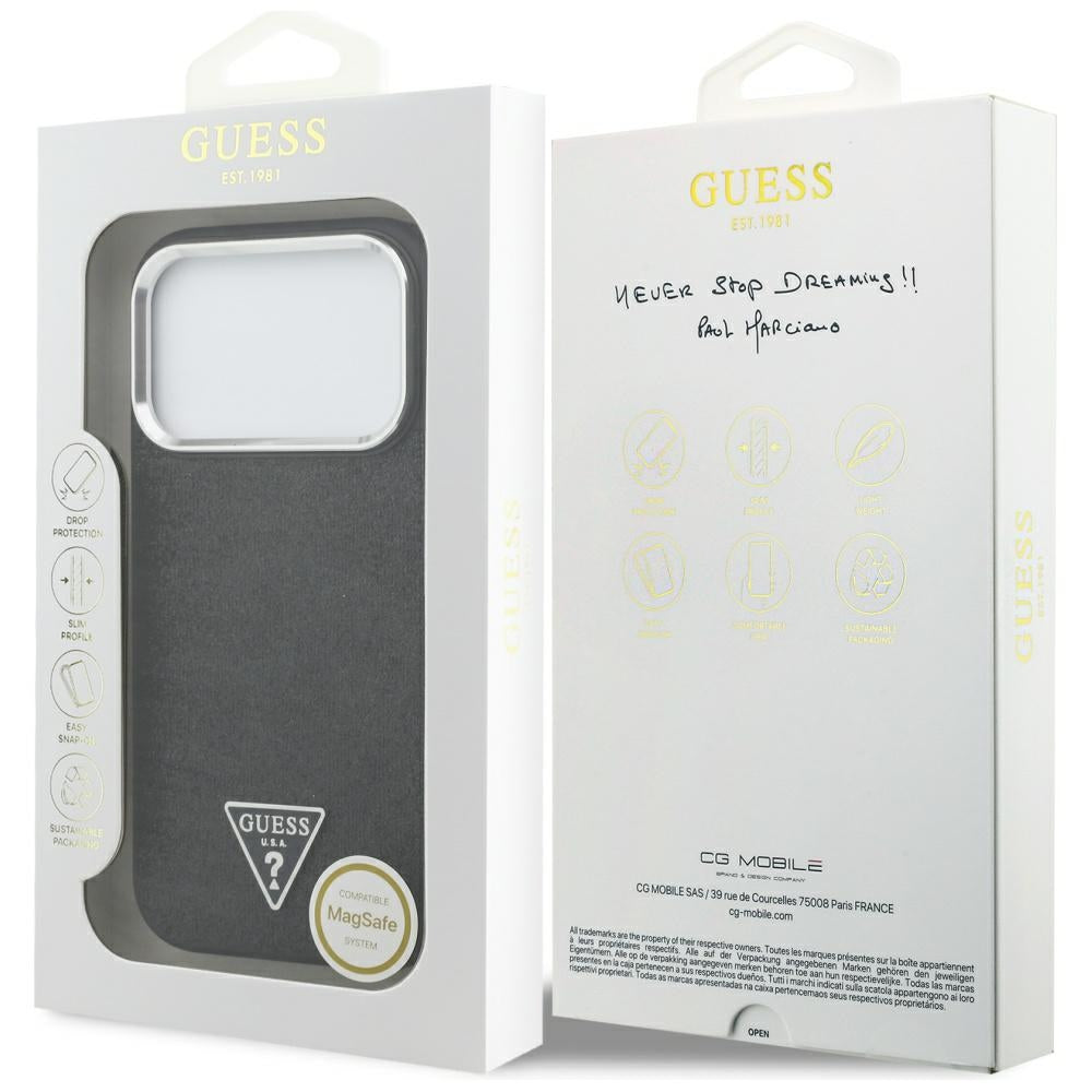 MagSafe Hülle für Apple iPhone 17 Pro, Guess, Glitter Triangle Logo, Schwarz