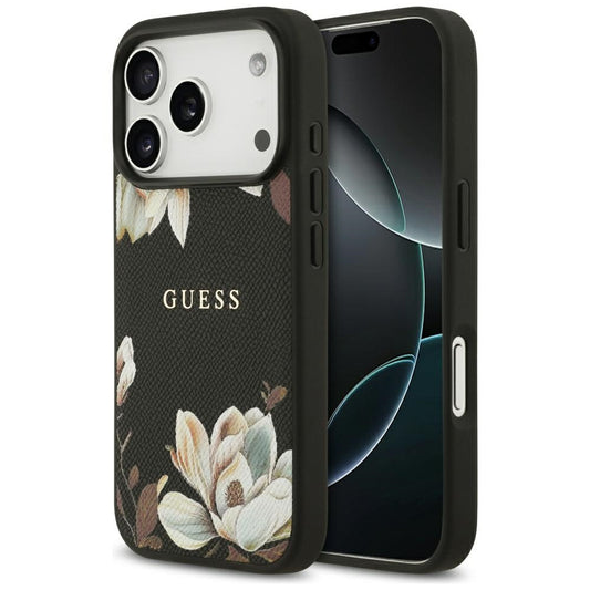 MagSafe Hülle für Apple iPhone 17 Pro, Guess, Grained Flowers, Schwarz