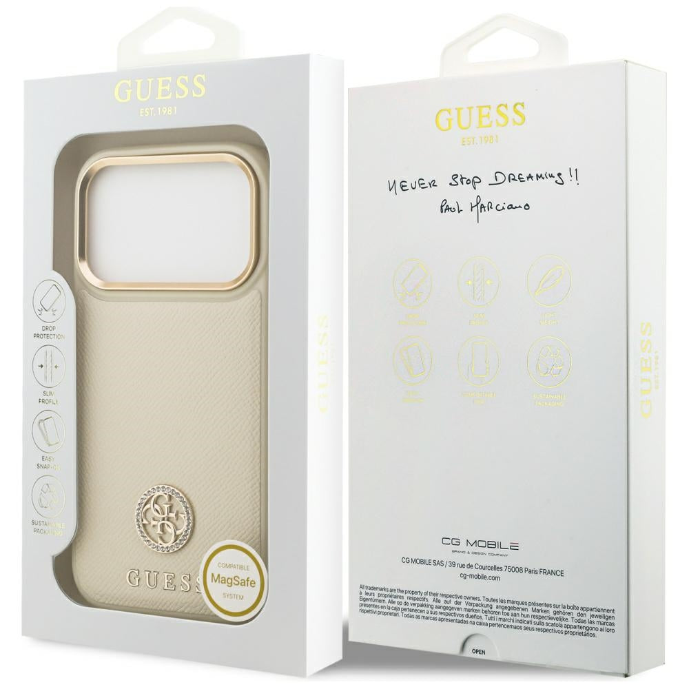 MagSafe Hülle für Apple iPhone 17 Pro, Guess, Grained Strass Logo, Beige