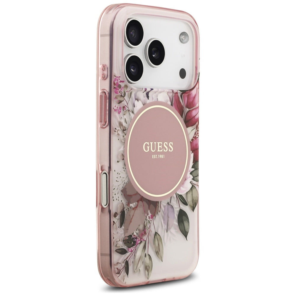 MagSafe Case for Apple iPhone 17 Pro, Guess, IML Flower and Tonal Circle, Pink