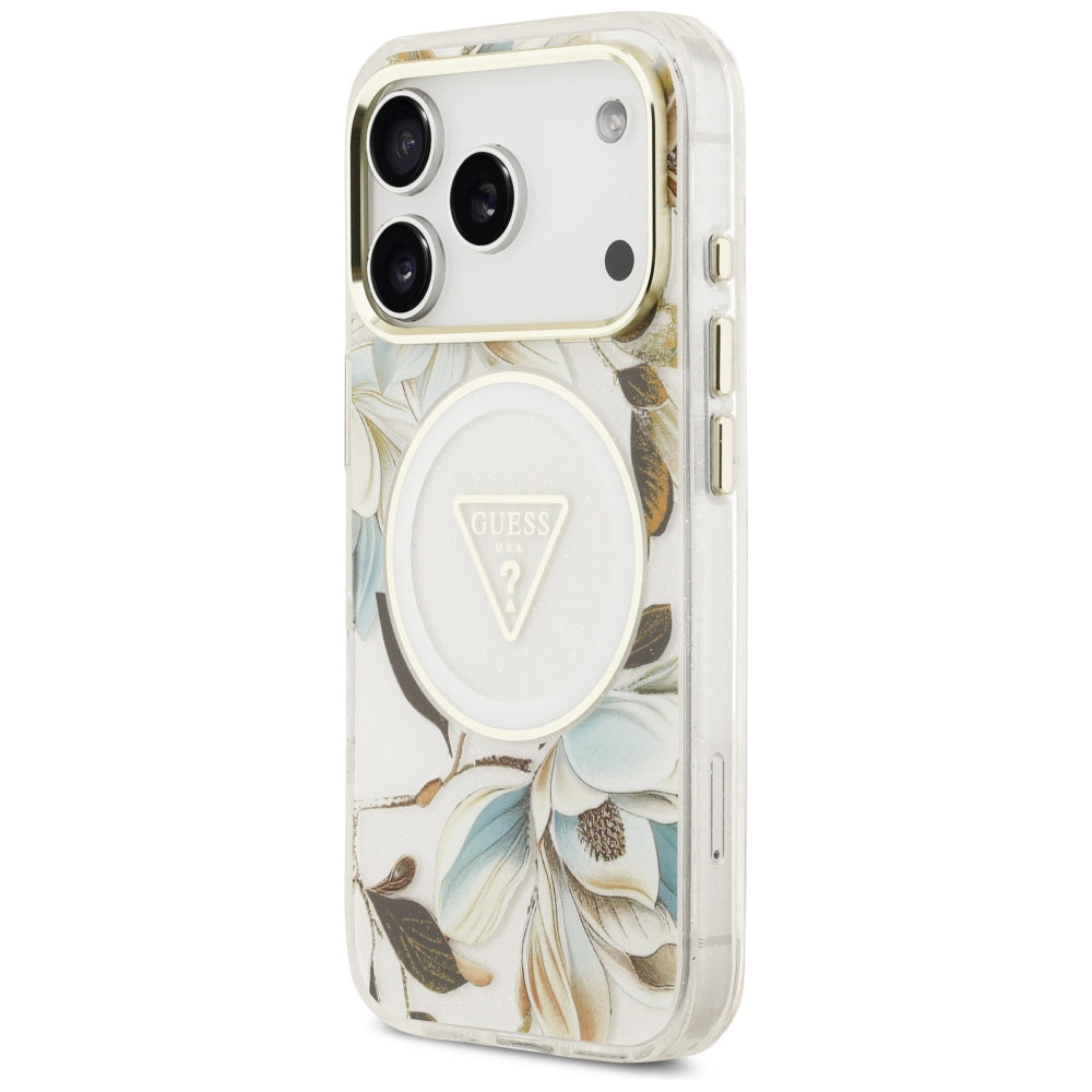 MagSafe Hülle für Apple iPhone 17 Pro, Guess, IML Metal Glitter Flowers Triangle, Weiß