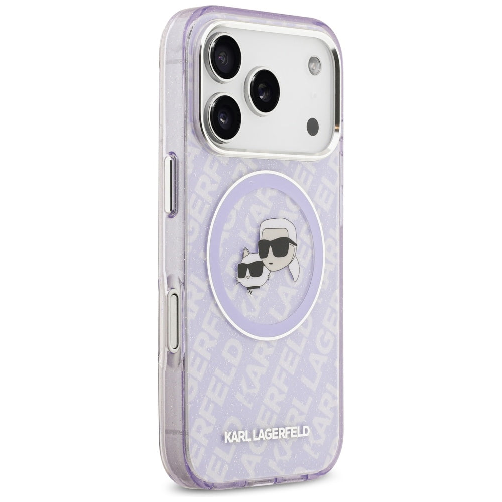 MagSafe Case for Apple iPhone 17 Pro, Karl Lagerfeld, IML Glitter Karl & Choupette's Heads, Purple