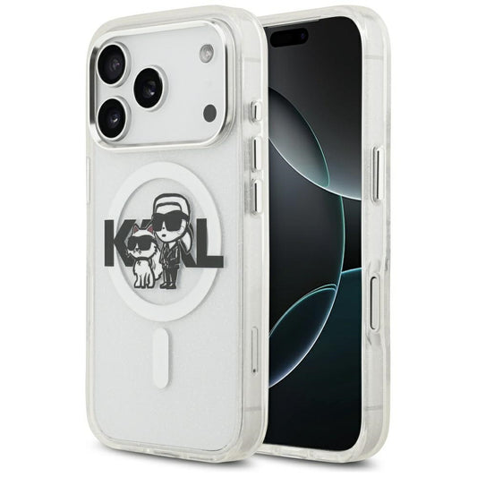 MagSafe Hülle für Apple iPhone 17 Pro, Karl Lagerfeld, IML Sketch Logo Glitter Karl & Choupette, Transparent