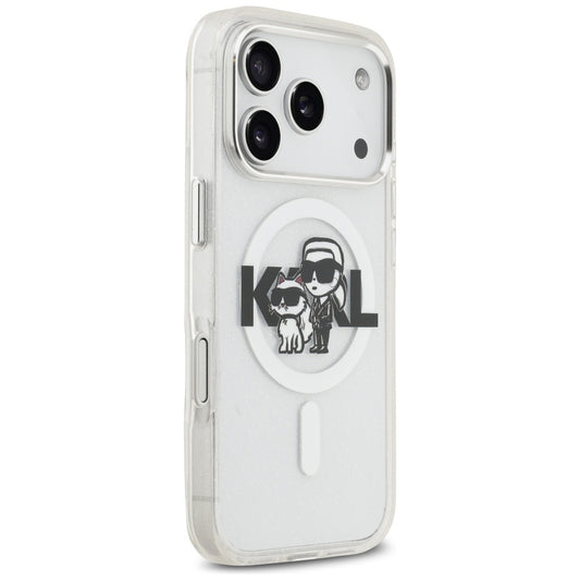 MagSafe Hülle für Apple iPhone 17 Pro, Karl Lagerfeld, IML Sketch Logo Glitter Karl & Choupette, Transparent