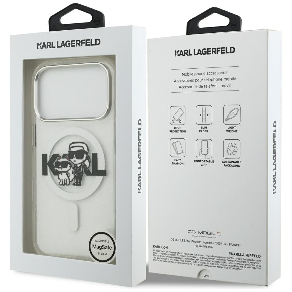 MagSafe Case for Apple iPhone 17 Pro, Karl Lagerfeld, IML Sketch Logo Glitter Karl & Choupette, Transparent