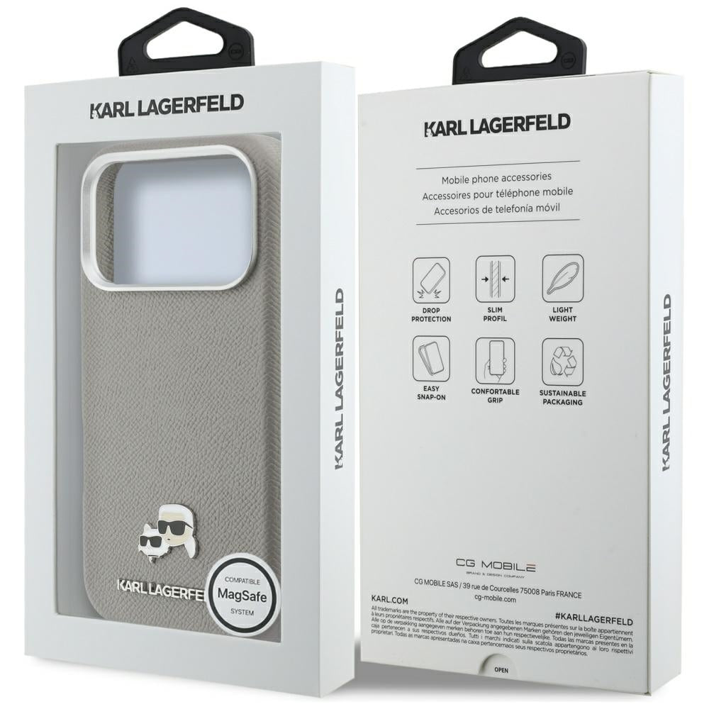 MagSafe Hülle für Apple iPhone 17 Pro, Karl Lagerfeld, Saffiano Karl & Choupette Pins, Grau