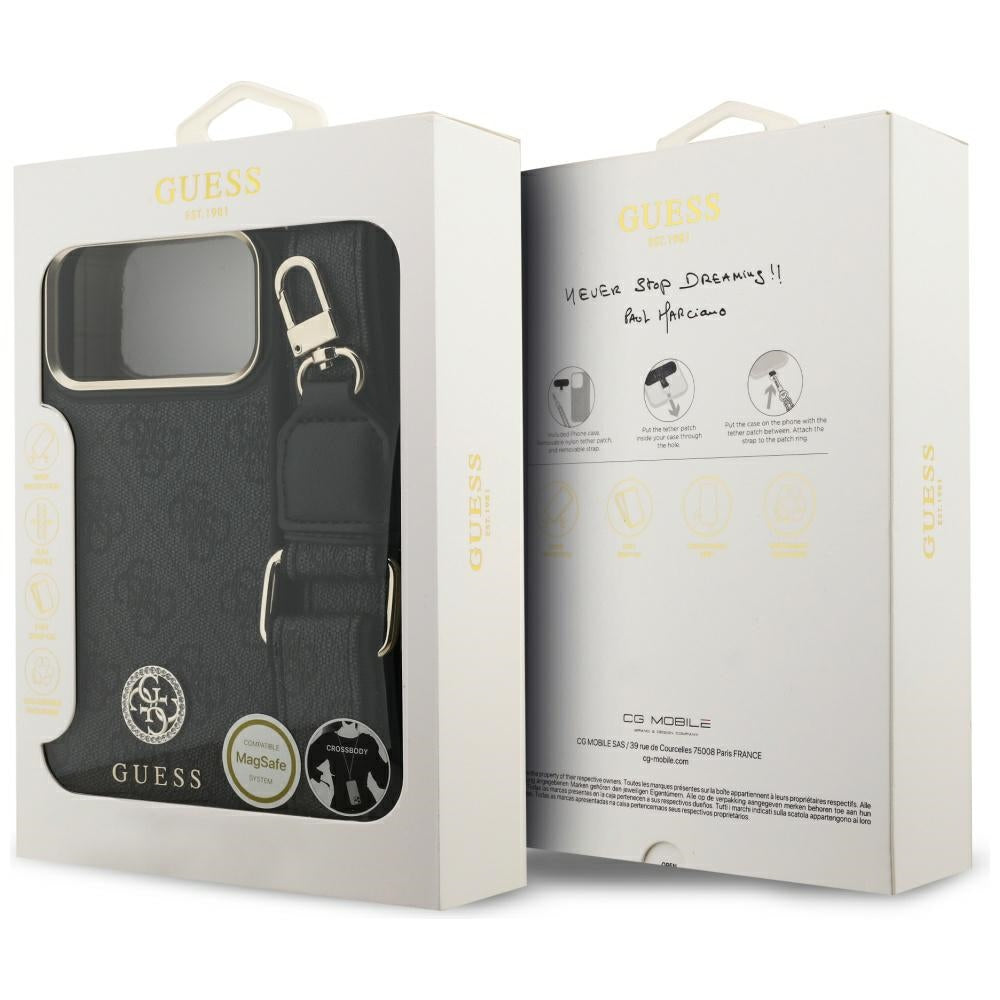 MagSafe Hülle für Apple iPhone 17 Pro Max, Guess, 4G Strass Logo mit großem Band, Schwarz
