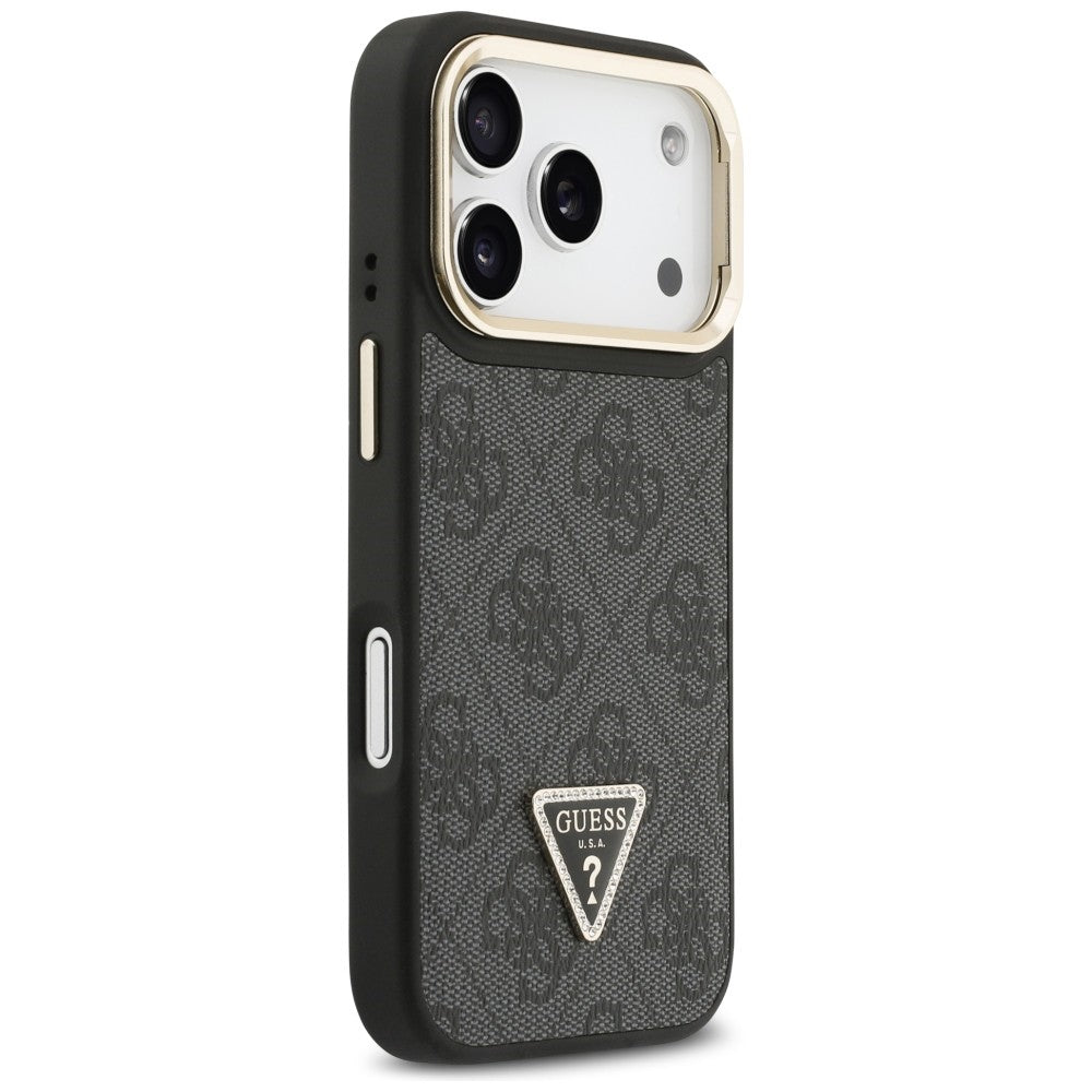 MagSafe Case for Apple iPhone 17 Pro Max, Guess, 4G Triangle Logo with Stand Camera, Black Gold