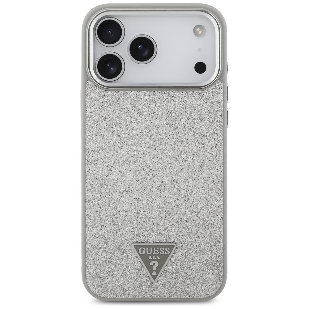 MagSafe Hülle für Apple iPhone 17 Pro Max, Guess, Glitter Triangle Logo, Silber