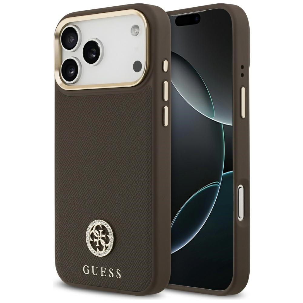 MagSafe Hülle für Apple iPhone 17 Pro Max, Guess, Grained Strass Logo, Braun