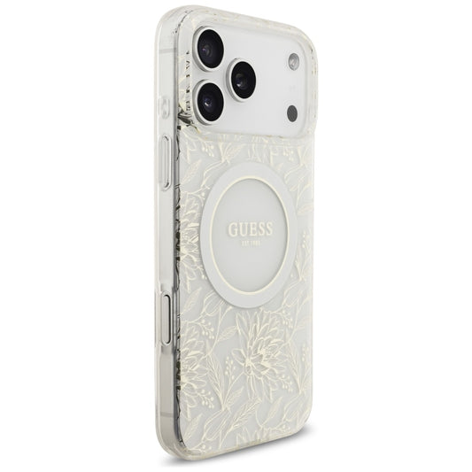 MagSafe Hülle für Apple iPhone 17 Pro Max, Guess, IML Flowers Allover Electroplated with Pearl Strap, Weiß
