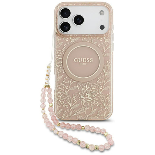 MagSafe Case for Apple iPhone 17 Pro Max, Guess, IML Flowers Allover Electroplated with Pearl Strap, Pink