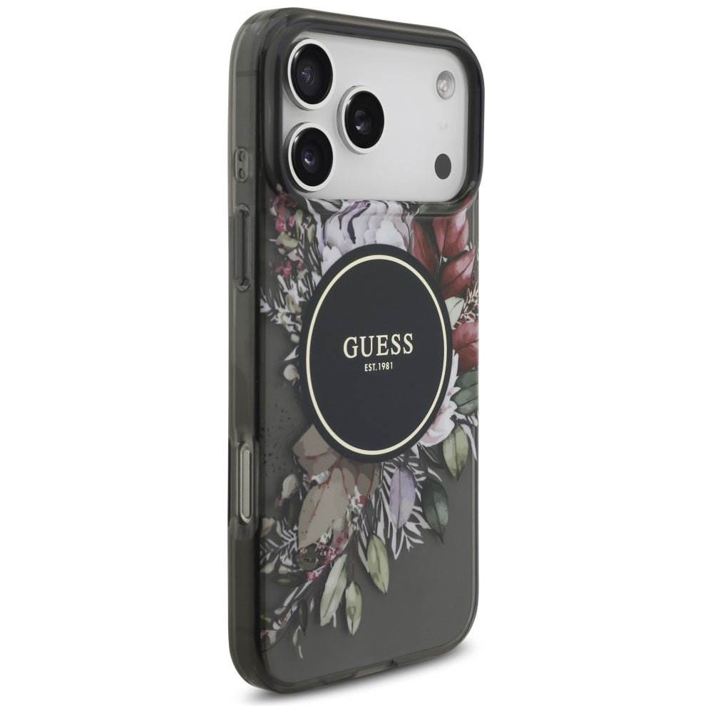MagSafe Hülle für Apple iPhone 17 Pro Max, Guess, IML Flowers with Pearl Strap, Schwarz