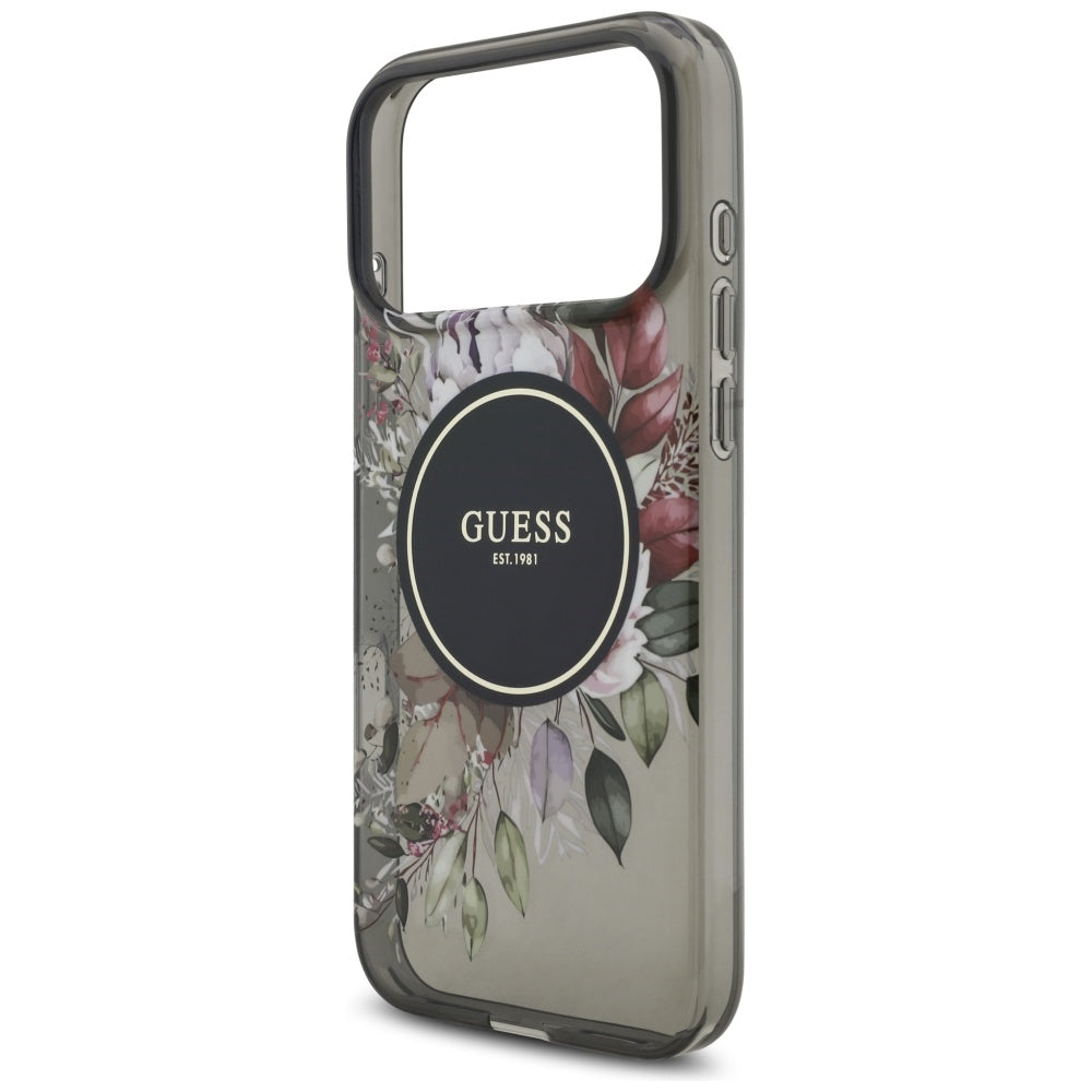 MagSafe Hülle für Apple iPhone 17 Pro Max, Guess, IML Flowers with Pearl Strap, Schwarz