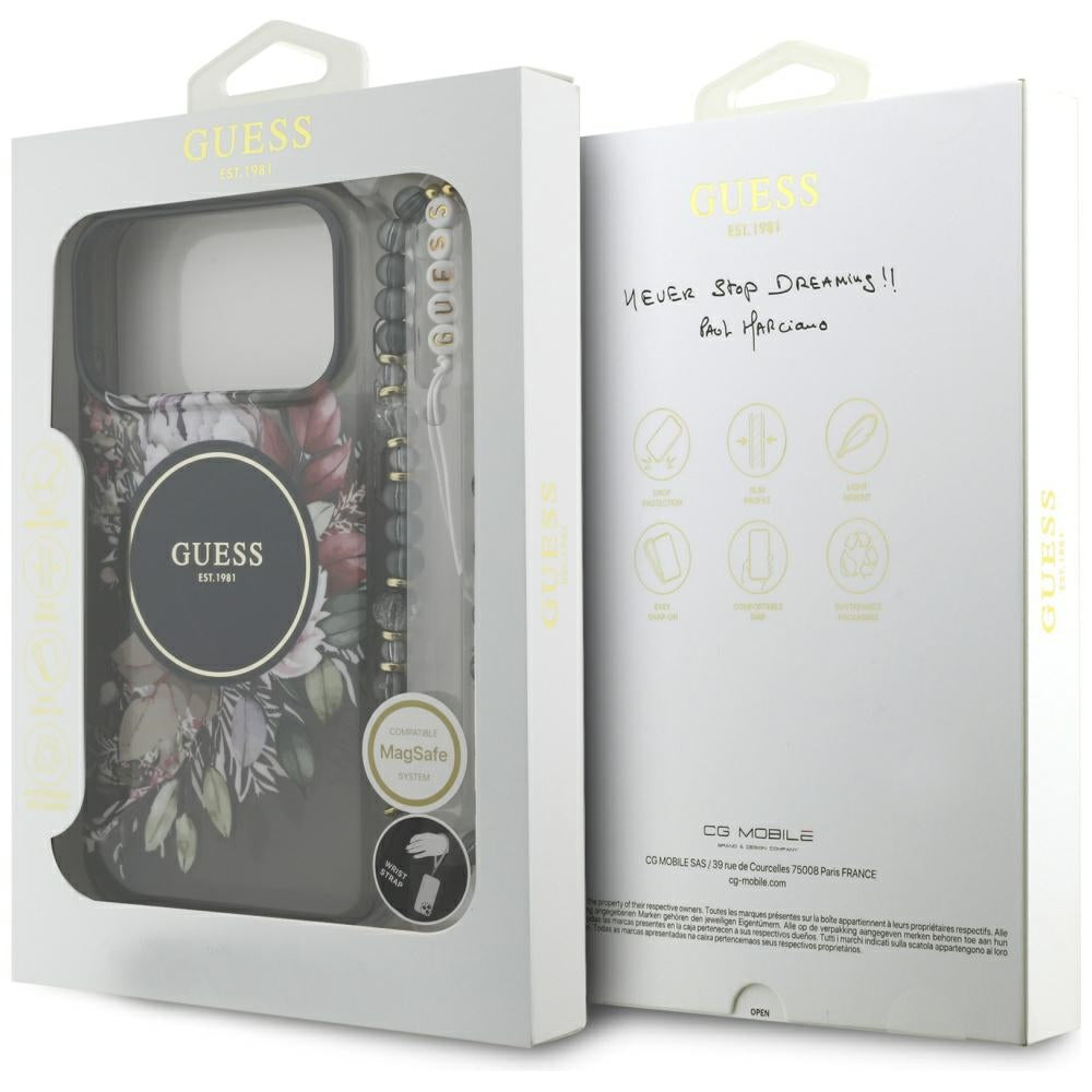 MagSafe Hülle für Apple iPhone 17 Pro Max, Guess, IML Flowers with Pearl Strap, Schwarz