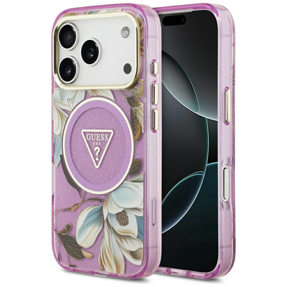 MagSafe Hülle für Apple iPhone 17 Pro Max, Guess, IML Metal Glitter Flowers Triangle, Lila