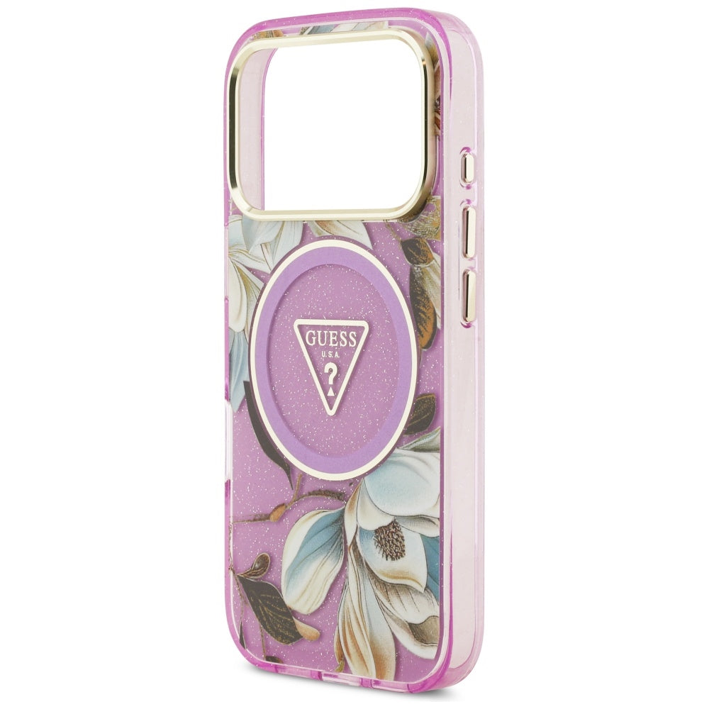MagSafe Hülle für Apple iPhone 17 Pro Max, Guess, IML Metal Glitter Flowers Triangle, Lila