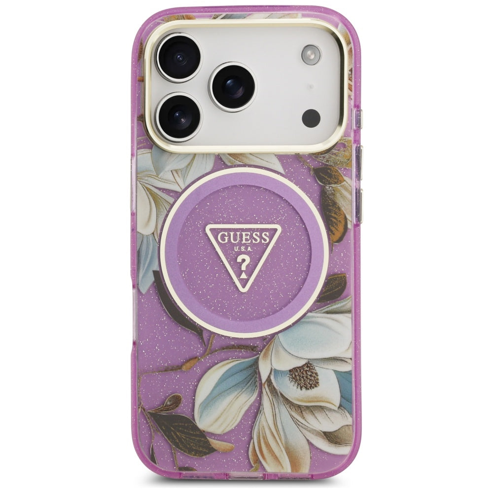MagSafe Hülle für Apple iPhone 17 Pro Max, Guess, IML Metal Glitter Flowers Triangle, Lila