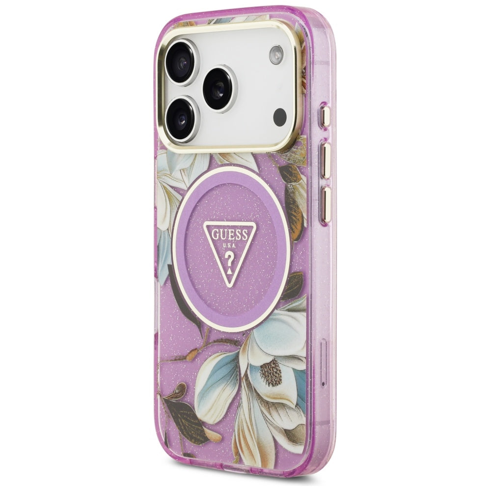 MagSafe Hülle für Apple iPhone 17 Pro Max, Guess, IML Metal Glitter Flowers Triangle, Lila