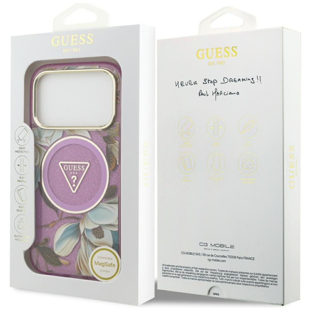 MagSafe Hülle für Apple iPhone 17 Pro Max, Guess, IML Metal Glitter Flowers Triangle, Lila