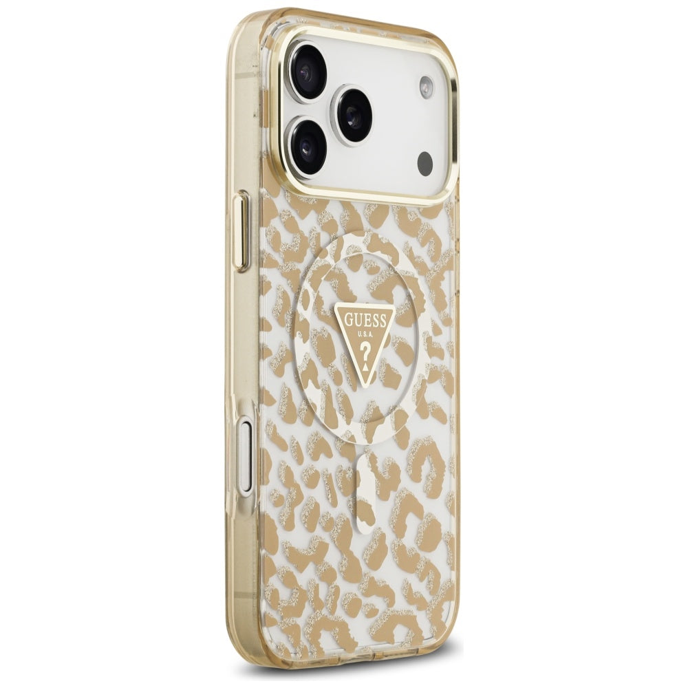 MagSafe Hülle für Apple iPhone 17 Pro Max, Guess, Leopard Glitter, Braun