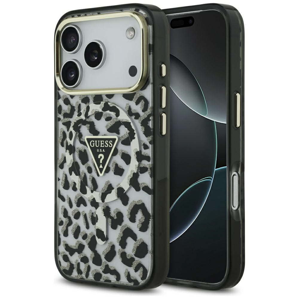 MagSafe Hülle für Apple iPhone 17 Pro Max, Guess, Leopard Glitter, Schwarz