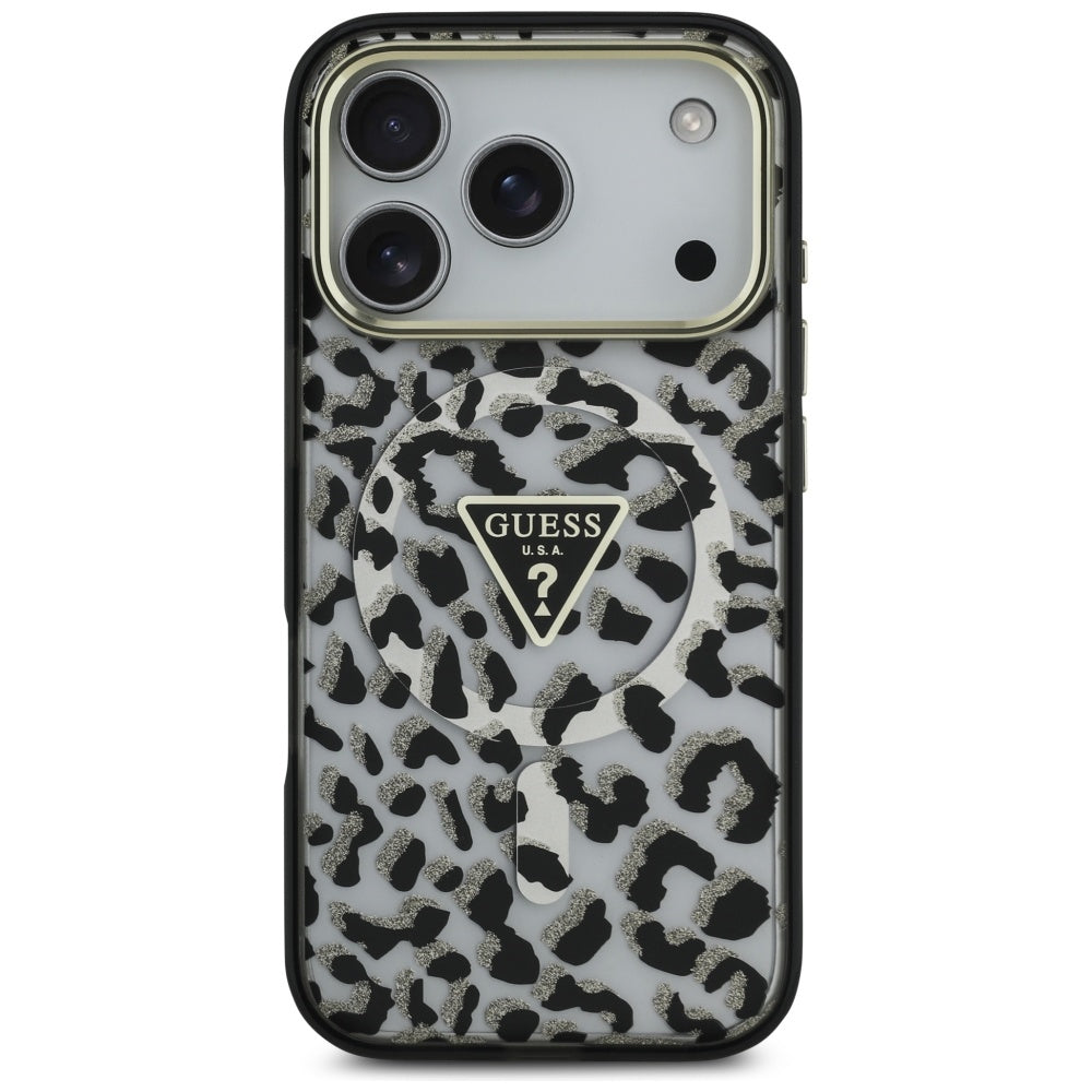 MagSafe Hülle für Apple iPhone 17 Pro Max, Guess, Leopard Glitter, Schwarz
