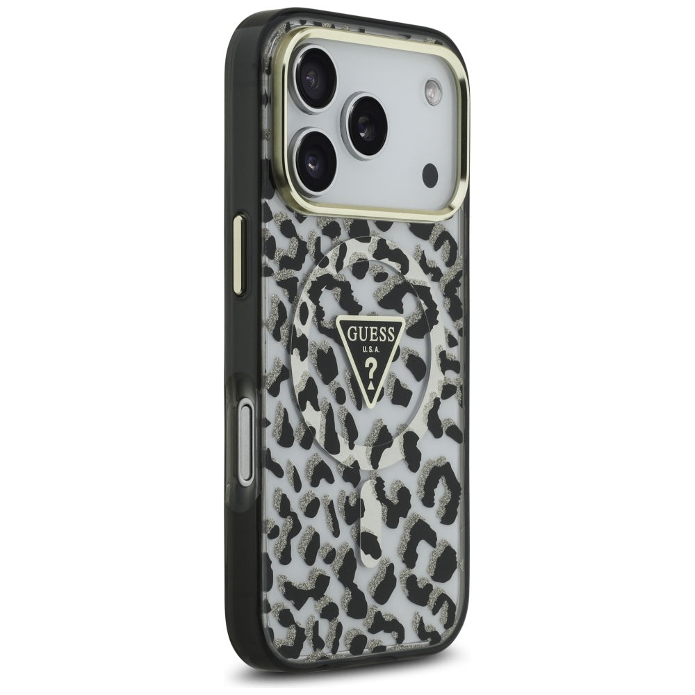 MagSafe Hülle für Apple iPhone 17 Pro Max, Guess, Leopard Glitter, Schwarz