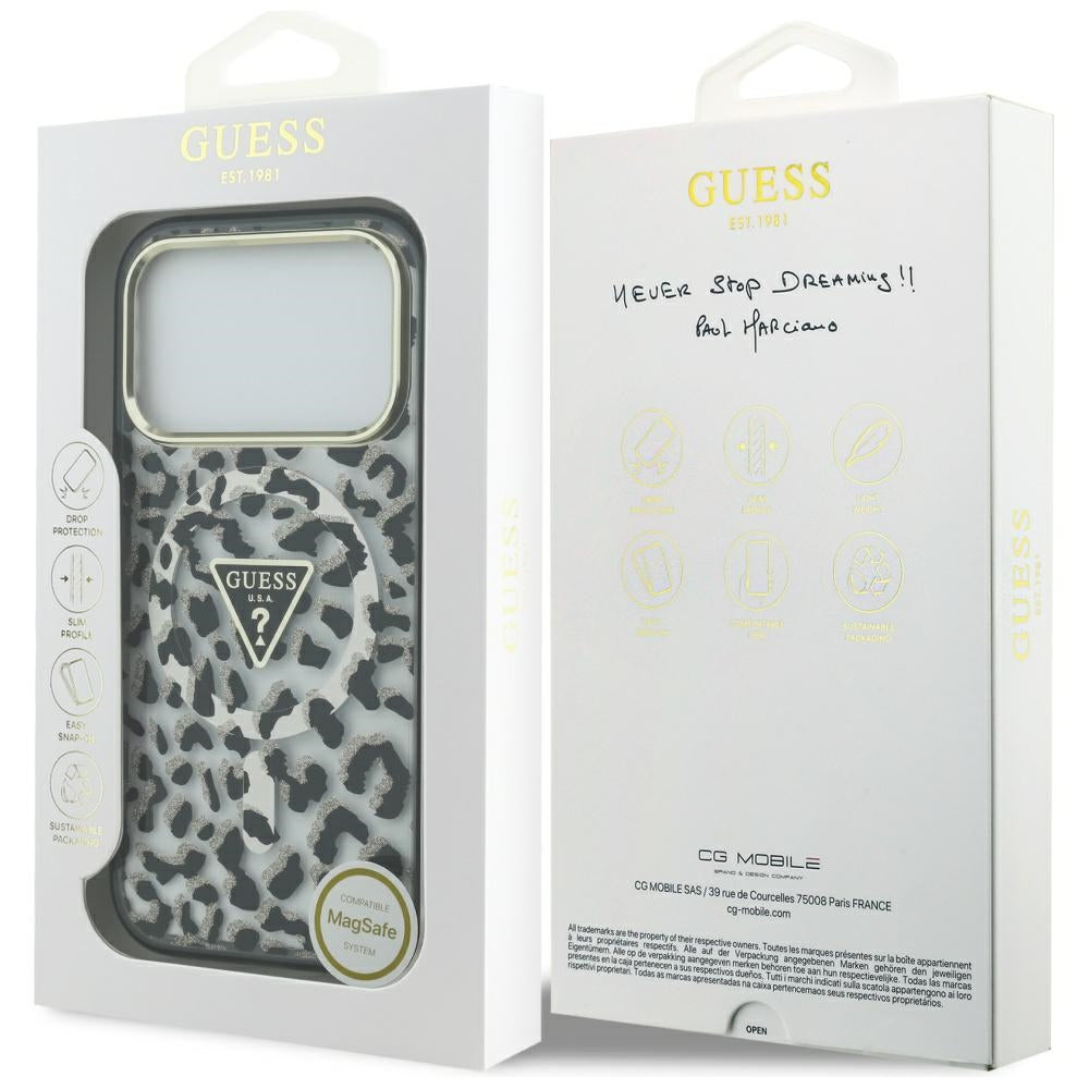 MagSafe Hülle für Apple iPhone 17 Pro Max, Guess, Leopard Glitter, Schwarz
