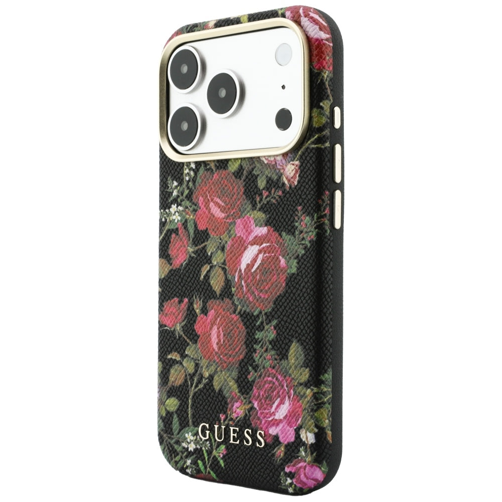 MagSafe-Hülle für Apple iPhone 18 Pro / 17 Pro, Guess, Blossom Roses Print, Schwarz