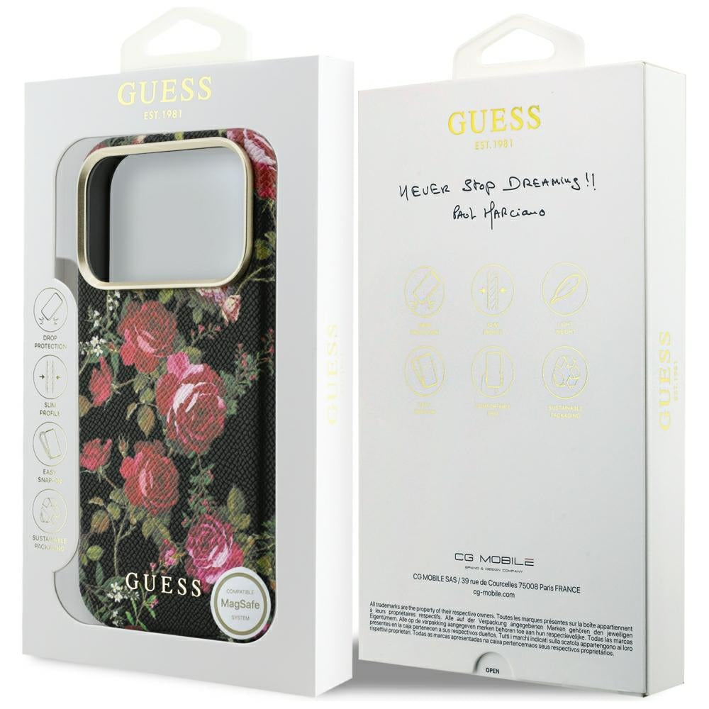 MagSafe-Hülle für Apple iPhone 18 Pro / 17 Pro, Guess, Blossom Roses Print, Schwarz