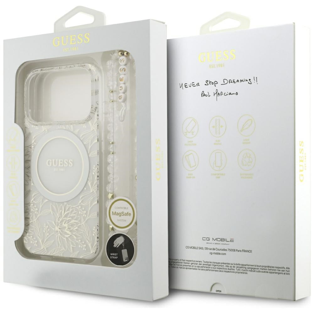 MagSafe-Hülle für Apple iPhone 18 Pro / 17 Pro, Guess, IML Flowers galvanisiert mit Perlenriemen, Weiß