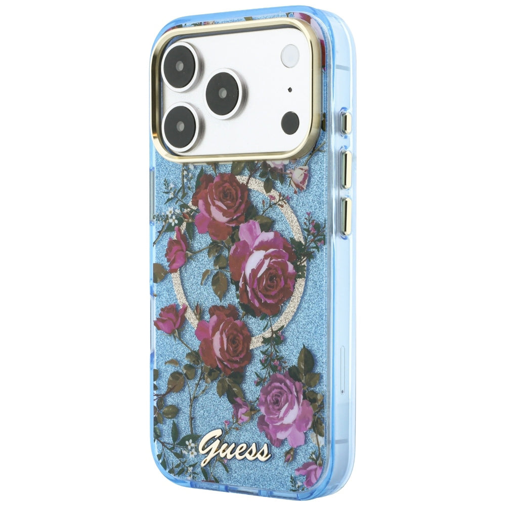 MagSafe-Hülle für Apple iPhone 18 Pro / 17 Pro, Guess, IML Glitter Blossom Roses, Blau