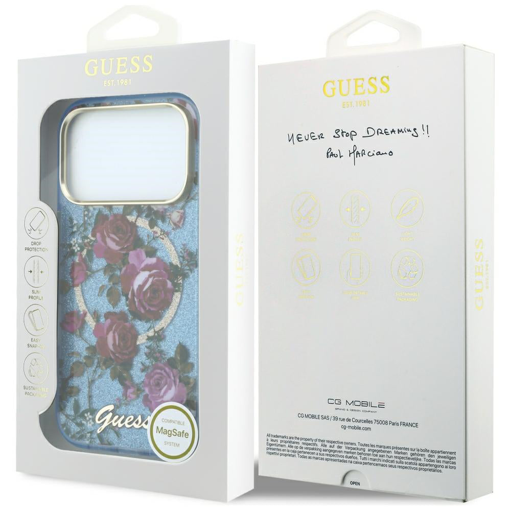 MagSafe-Hülle für Apple iPhone 18 Pro / 17 Pro, Guess, IML Glitter Blossom Roses, Blau