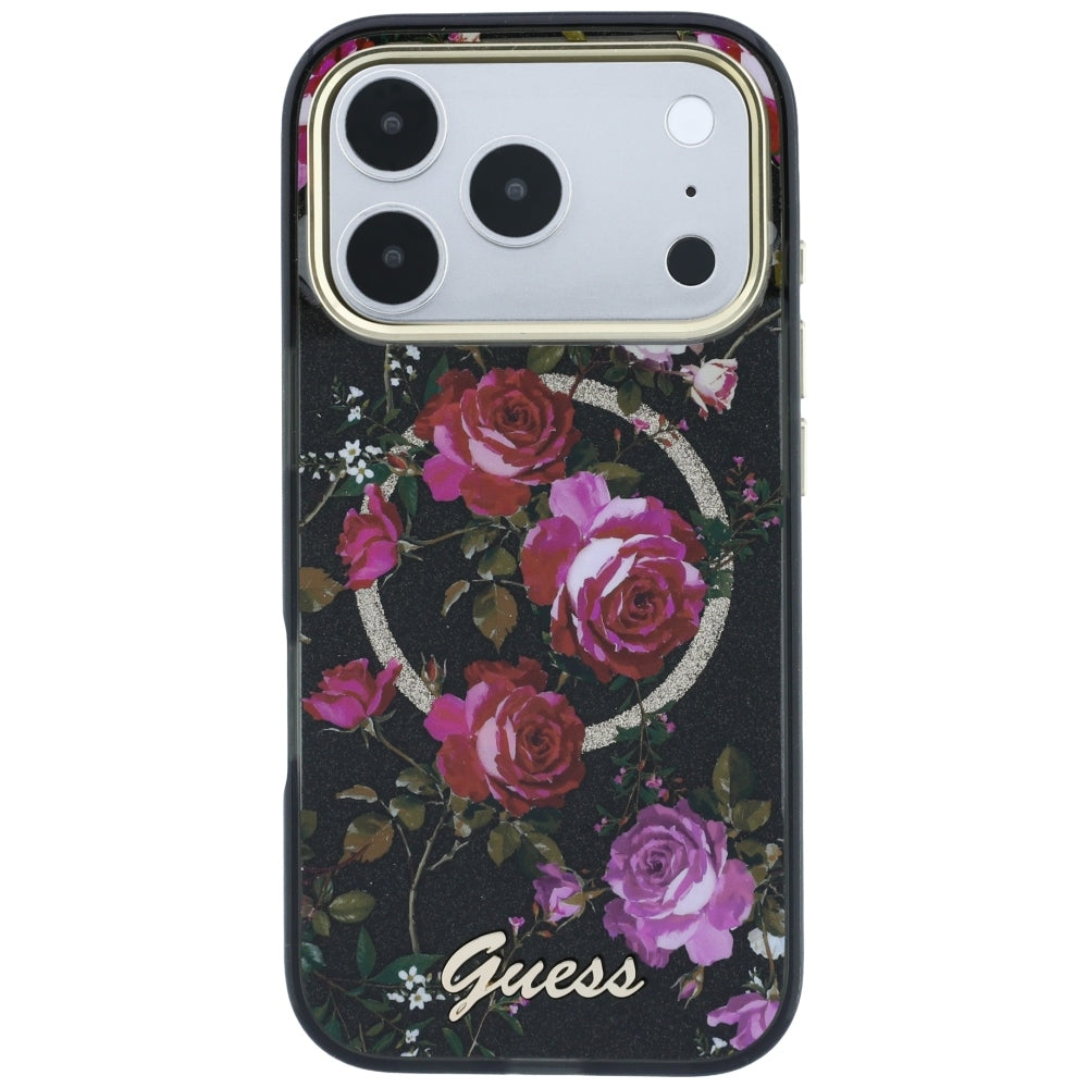 MagSafe-Hülle für Apple iPhone 18 Pro / 17 Pro, Guess, IML Glitter Blossom Roses, Schwarz