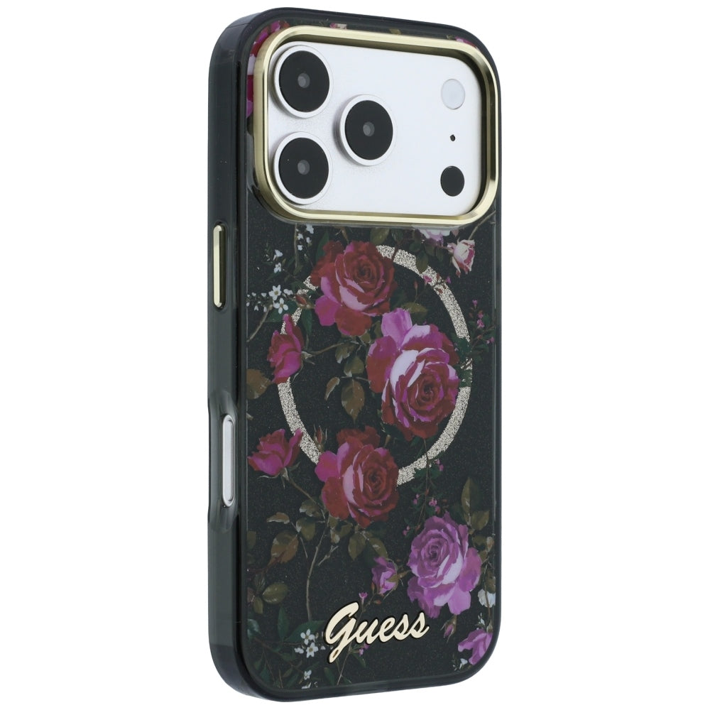 MagSafe-Hülle für Apple iPhone 18 Pro / 17 Pro, Guess, IML Glitter Blossom Roses, Schwarz
