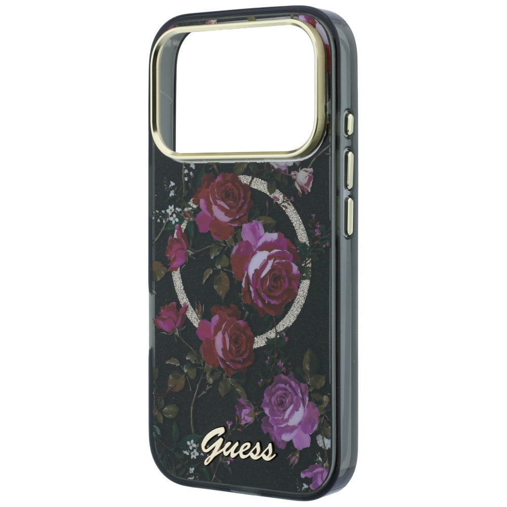 MagSafe-Hülle für Apple iPhone 18 Pro / 17 Pro, Guess, IML Glitter Blossom Roses, Schwarz