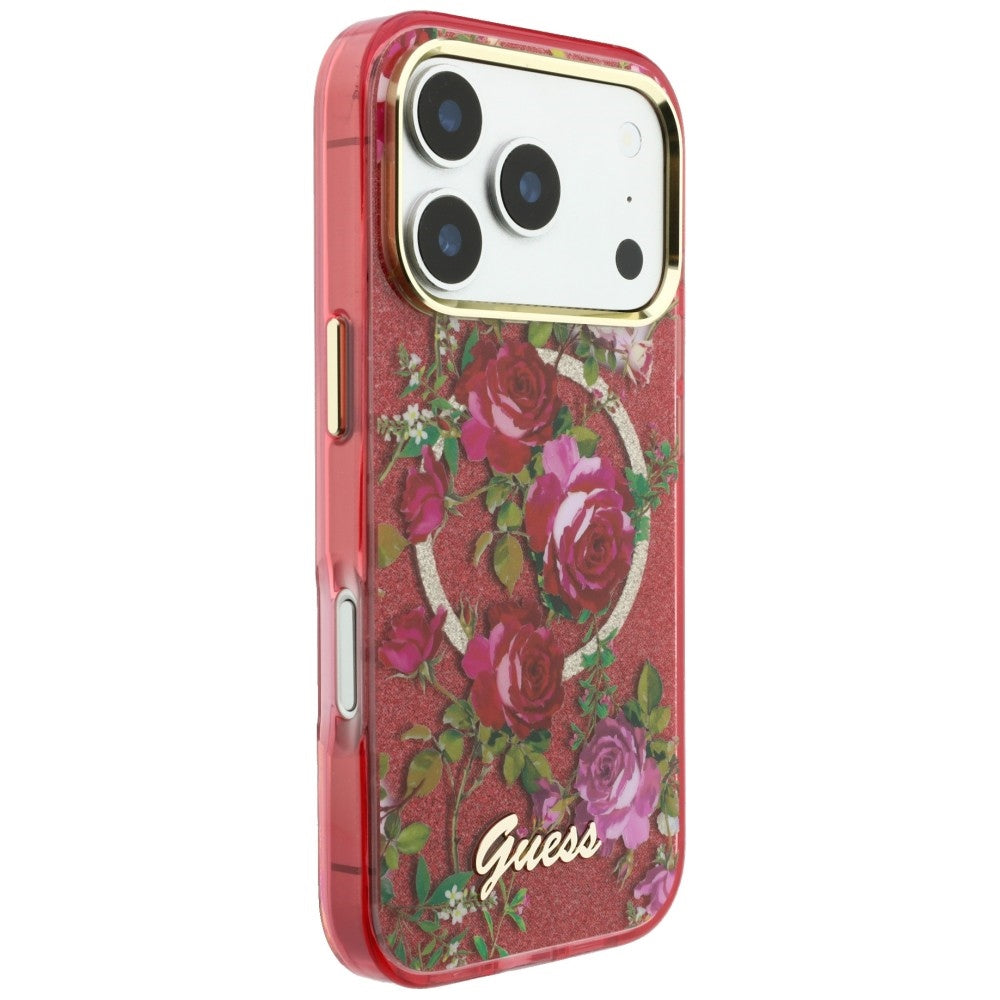 MagSafe-Hülle für Apple iPhone 18 Pro / 17 Pro, Guess, IML Glitter Blossom Roses, Weinrot