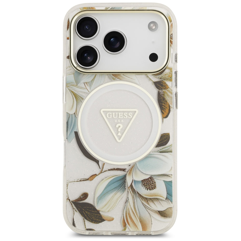 MagSafe-Hülle für Apple iPhone 18 Pro / 17 Pro, Guess, IML Metal Glitter Flowers Triangle, Weiß